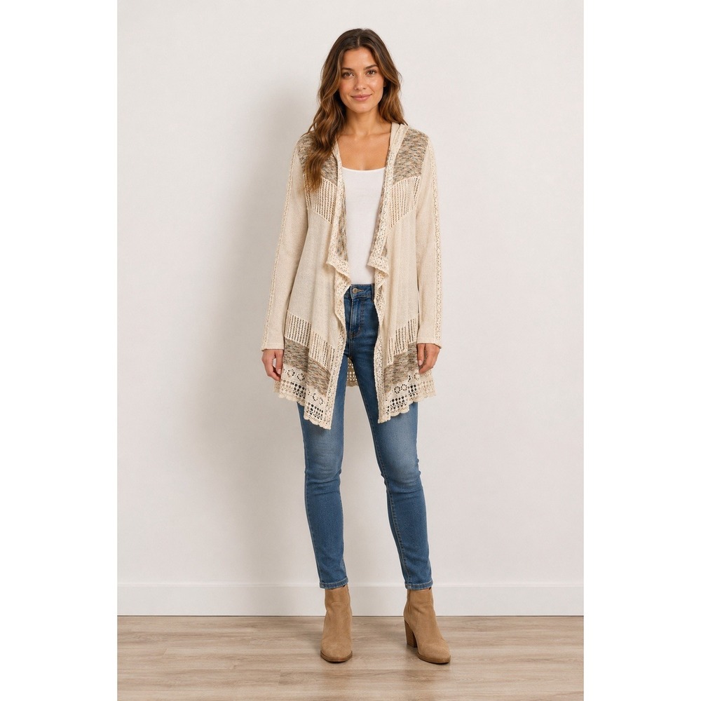 Miss Me Hooded Crochet Lace Pointelle Open Front Cardigan Sweater Women's‎ M